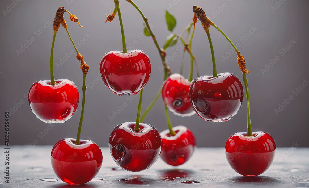 Poster a bunch of cherries are hanging from a branch. the cherries are red and shiny. the cherries are susp