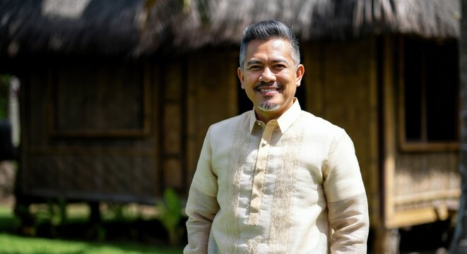 Mature asian male in traditional barong tagalog posing outdoors by a nipa hut