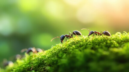 Close-up view of numerous ants crawling on green moss in a forest ecosystem