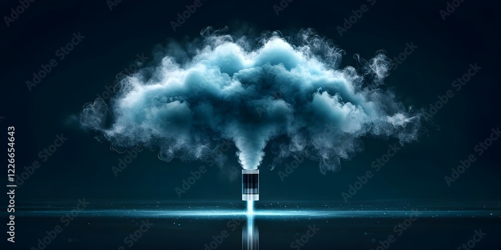 Poster a stylized depiction of a cloud created from smoke, emerging from a vertical object resembling a bat