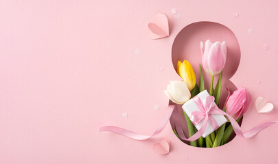 Tulips with a wrapped present on a pink backdrop symbolizing celebratory and heartfelt occasions