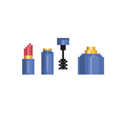 Lipstick, mascara, perfume pixel art icons set. Design for logo, web, mobile app, sticker, badges and patches. Video game sprite. 8-bit. Isolated vector illustration.