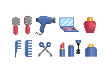 Hair dryer, cosmetics, perfume, scissors, comb, hairbrush pixel icons set. Design for logo, web, mobile app, sticker, badges and patches. Video game sprite. 8-bit. Isolated vector illustration.