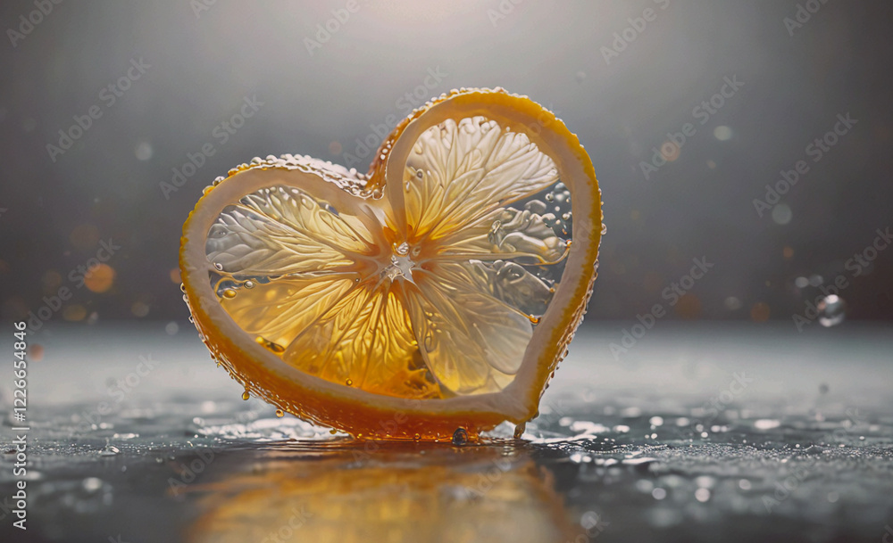 Poster a heart shaped orange slice is floating in a puddle of water. concept of whimsy and playfulness, as 