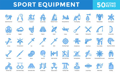 Sport equipment icon set with swim cap, goggles, snorkel, flippers, kayak, canoe, paddle, rowing oars, fishing rod, archery bow icon. Simple retro vector 
