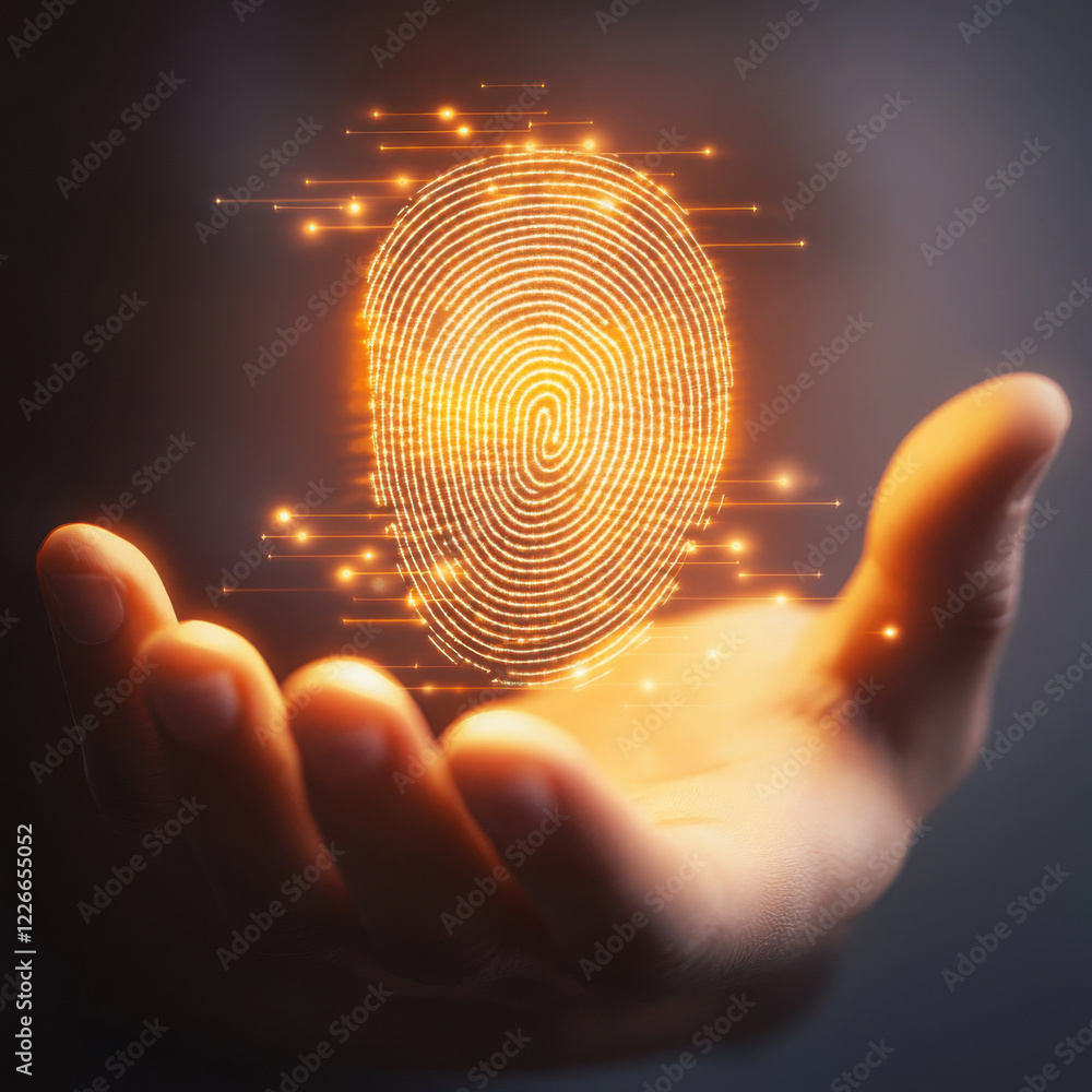 Poster unique fingerprint illuminated in hand with glowing effects showcasing identity and security measure
