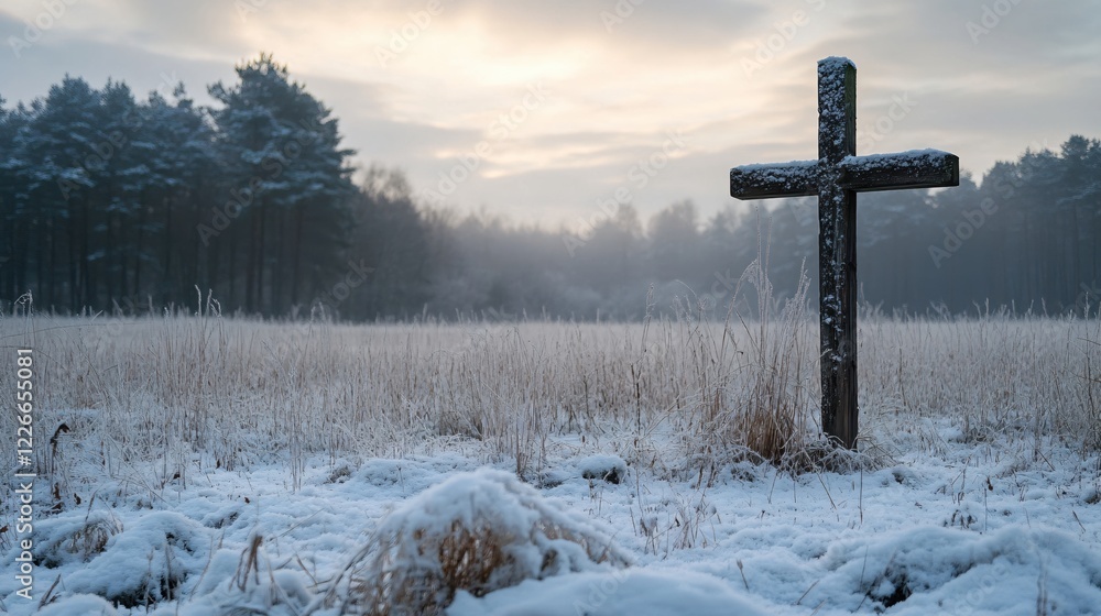 Aufkleber wooden cross stands in a snowy field at dawn with fog and trees in the background