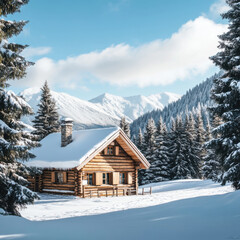 Snow-covered log cabin nestled in a serene winter landscape with mountains and trees during bright daylight
