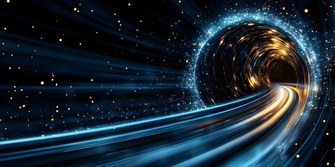 A vibrant, swirling tunnel of light and stars, resembling a cosmic vortex or wormhole in a dark background. Concept Cosmic Vortex, Swirling Light Effects, Starry Background, Sci-Fi Aesthetics
