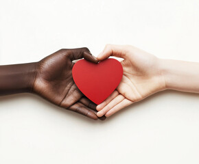 Obraz premium Unity and love represented through diverse hands holding a red heart symbol
