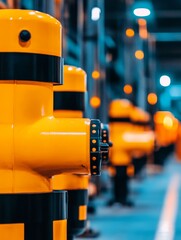 Vibrant yellow fire hydrants lined along a warehouse corridor, illuminated by soft blue lighting