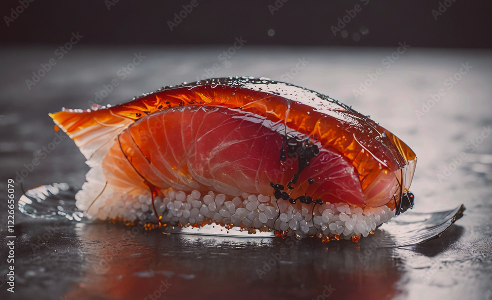 Poster a piece of sushi with a lot of sauce on it. the sauce is brown and it looks like it's dripping