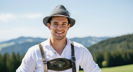 Young caucasian man in traditional bavarian attire celebrating cultural heritage in scenic mountain landscape