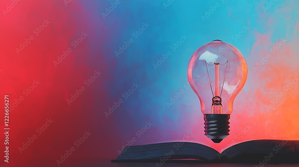 Poster light bulb above an open book with colorful background