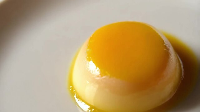 Close-up of an egg custard or flan gently jiggling on a plate, showcasing its smooth, creamy surface and soft texture.

