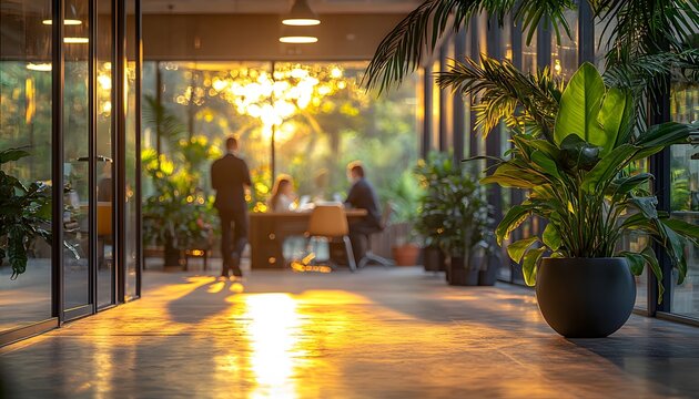 Modern Office Space with Natural Light and Greenery, Promoting Collaboration and Creativity in a Welcoming Environment