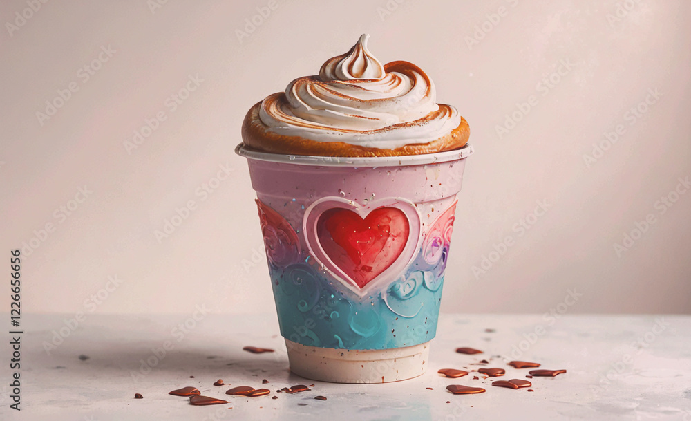 Aufkleber a cupcake with a heart on it is sitting on a table. the cupcake is frosted and has a lot of whipped 