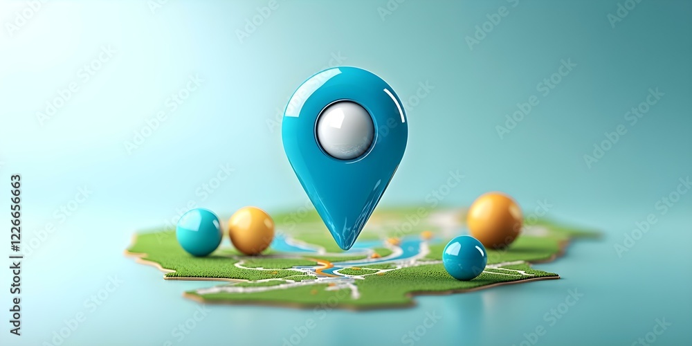 Poster a colorful map with a prominent blue location pin and several smaller colored spheres representing p