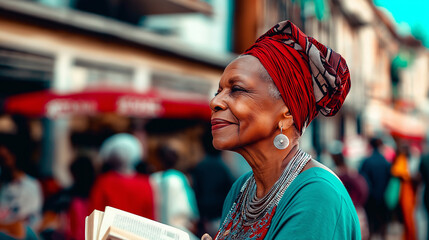 Obraz premium Elegant Black woman with headwrap reading a book in city market