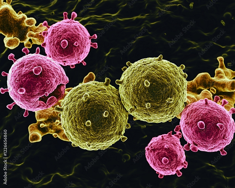 Poster microscopic view of viruses, showing their structure and interaction.