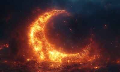 Fototapeta premium Fiery Crescent Shape Within Dark Smoky Background Resembling Celestial Event