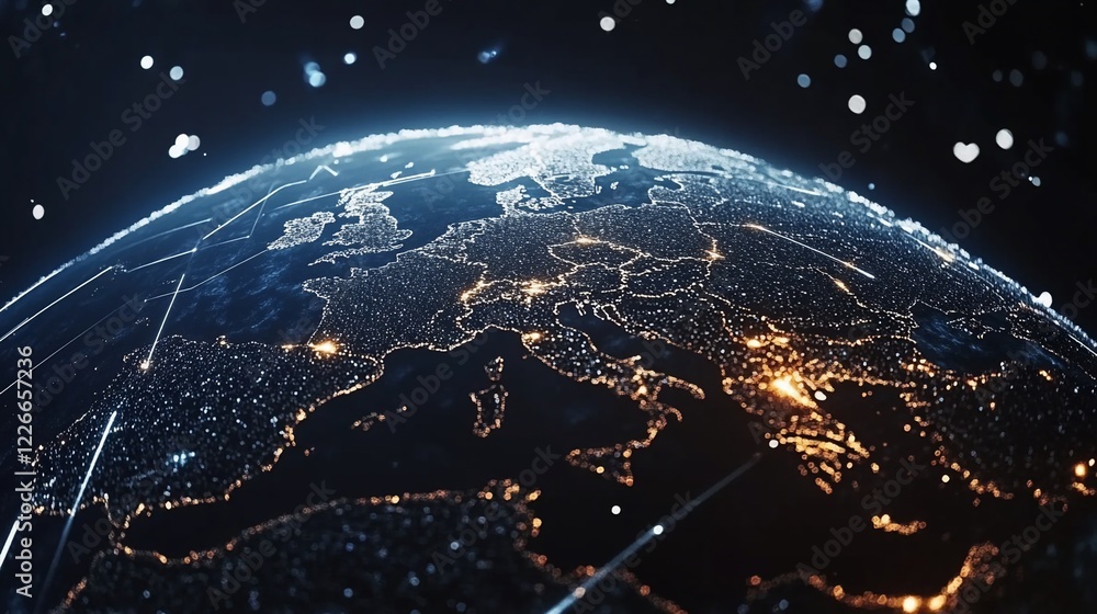 Poster stylized globe view of europe with network connection lines overlayed, lights and bokeh