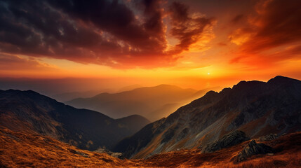 Majestic Mountain Range Sunset Dramatic Fiery Sky Golden Hour Landscape Photography Breathtaking    