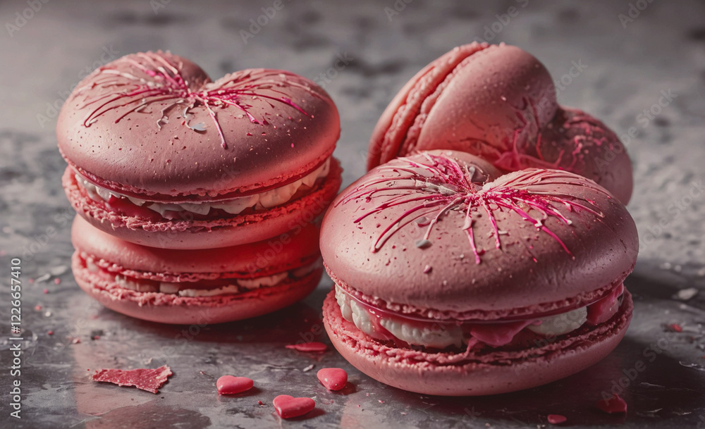 Poster A row of pink macaroons with pink frosting and sprinkles. The macaroons are arranged in a heart shape