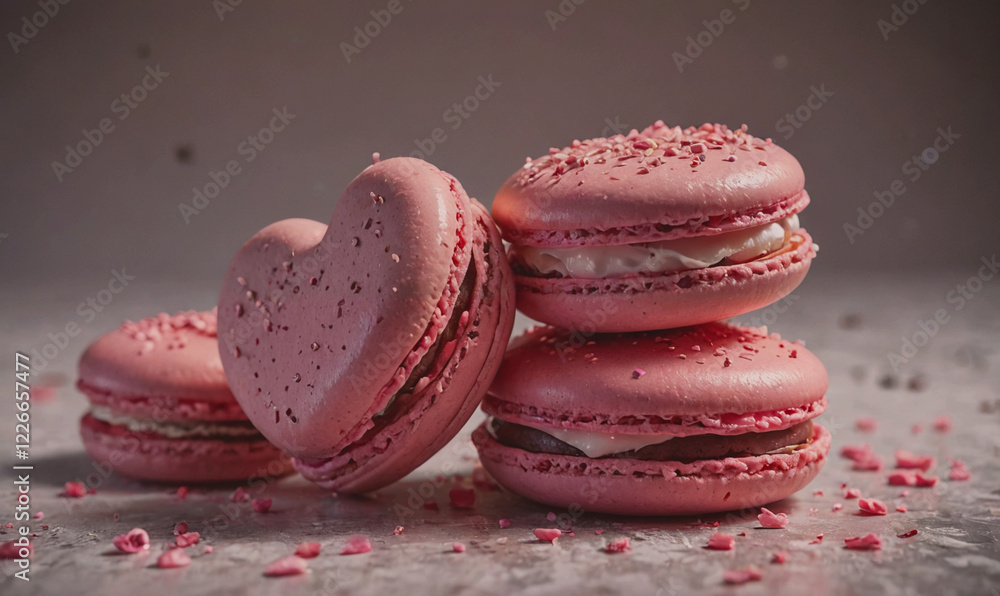 Poster A stack of pink macarons with a heart shape on top. The macarons are decorated with powdered sugar and are arranged in a pyramid shape. Concept of elegance and sophistication