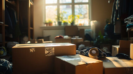 A cluttered room with half-packed boxes, scattered clothing, and rolls of tape, creating organized chaos. Someone tapes a box in the background, with light streaming through an open window.
