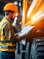 Construction worker in safety gear reviewing a checklist beside heavy machinery in a warehouse