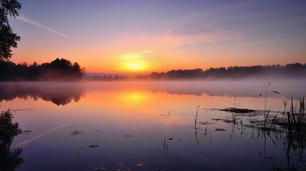 Obraz premium Serene Sunrise over Misty Lake Peaceful Dawn Landscape Beautiful Nature Scenery Tranquil Water 