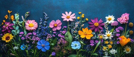 Vibrant floral arrangement on a dark blue background with a variety of colorful blossoms and leaves