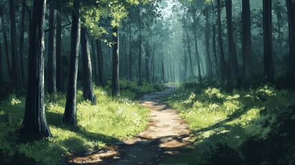 Obraz premium Tranquil Forest Pathway Through Lush Green Trees and Sunlight