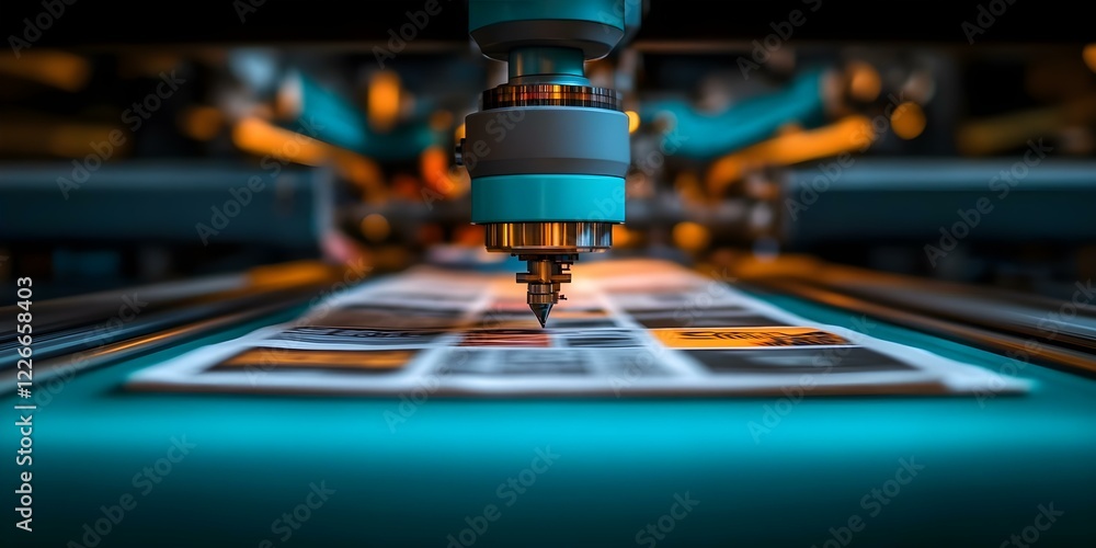 Poster a close-up of a precision cutting machine working on printed materials, with a focused cutting tool 