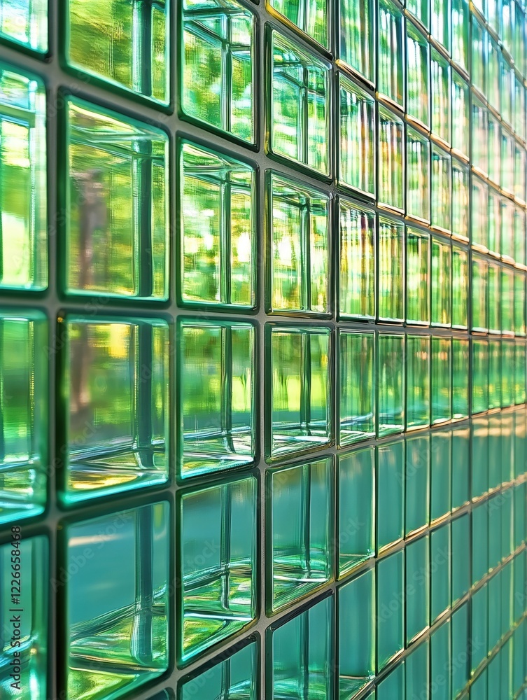 Poster abstract green glass block wall with light reflections creating a modern artistic pattern