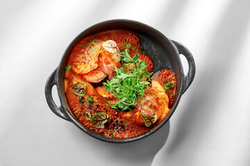 A vibrant and flavorful roasted eggplant dish, topped with fresh herbs and a drizzle of balsamic glaze. The eggplant is tender and juicy, and the sauce is rich and flavorful.