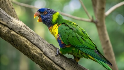 Fototapeta premium A vibrant close-up of a Rainbow Lorikeet perched on a branch