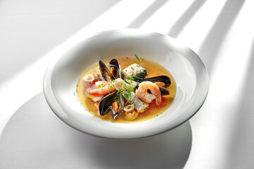 A close-up of a seafood chowder, showcasing the variety of textures, from the tender seafood to the creamy broth and the crunchy vegetables