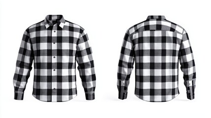 Black and white plaid flannel long sleeve shirt with checkered pattern for casual wear and style