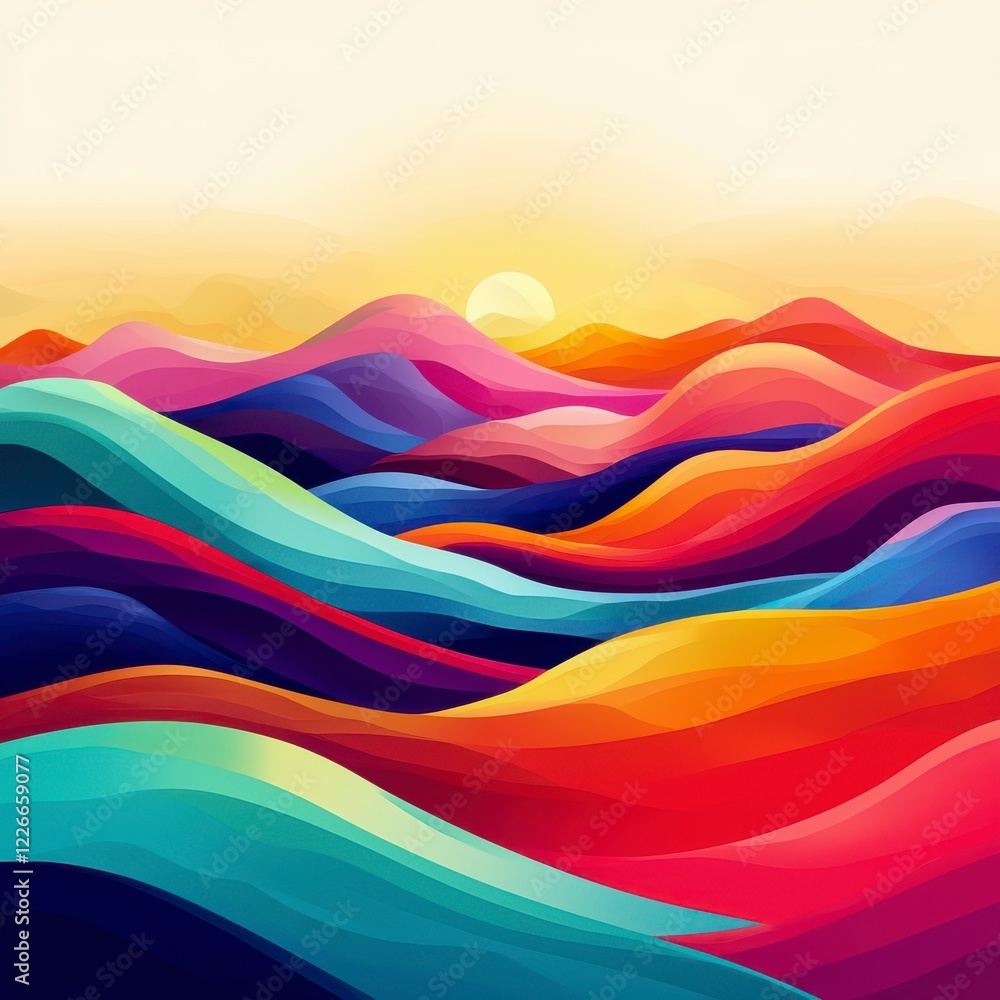 Poster vibrant abstract landscape with wavy patterns and colorful layers