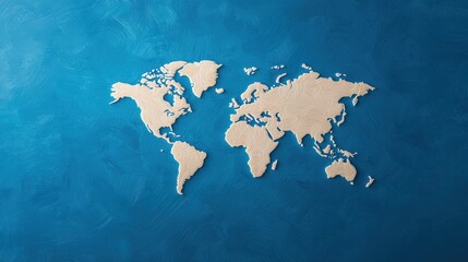 Wooden world map on blue background with flat view of earth from space detailed physical representation