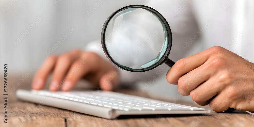 Poster a person is using a magnifying glass while typing on a keyboard, suggesting an investigation or focu