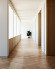 Obraz premium Bright and modern corridor with natural light and potted plant