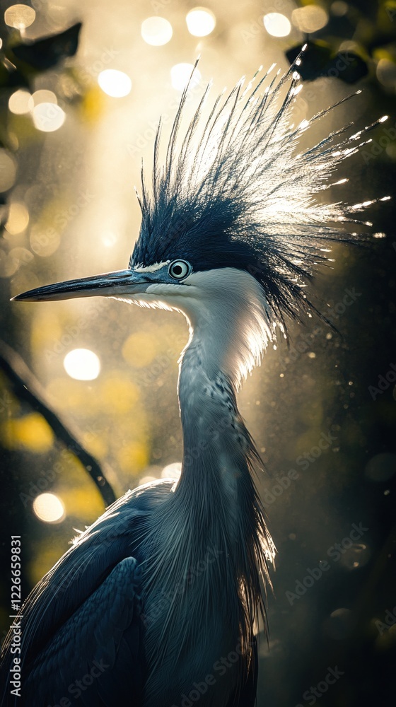 Poster heron with striking plumage and long beak stands in soft light with bokeh background