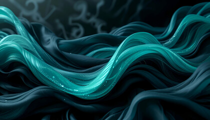 Obraz premium A dynamic and abstract image showcasing fluid waves in motion, rendered in shades of teal and dark blue.