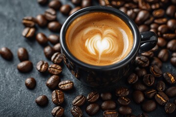 Close-up of a latte art heart in a black cup surrounded by coffee beans on a textured surface