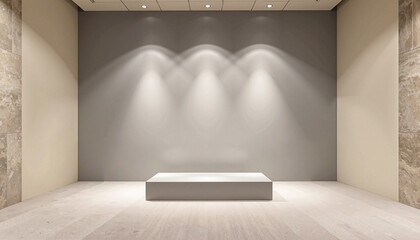 Minimalist gallery space with spotlight on a display platform