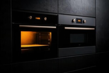 Fototapeta premium Modern kitchen setup featuring a sleek microwave and oven, [interior design], [functional elegance],