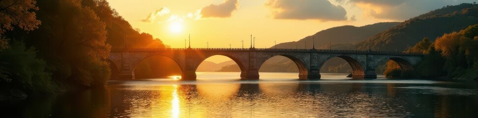 Fototapeta premium Golden sunlight illuminates Kylesku Bridge, shimmering water , ocean, blue